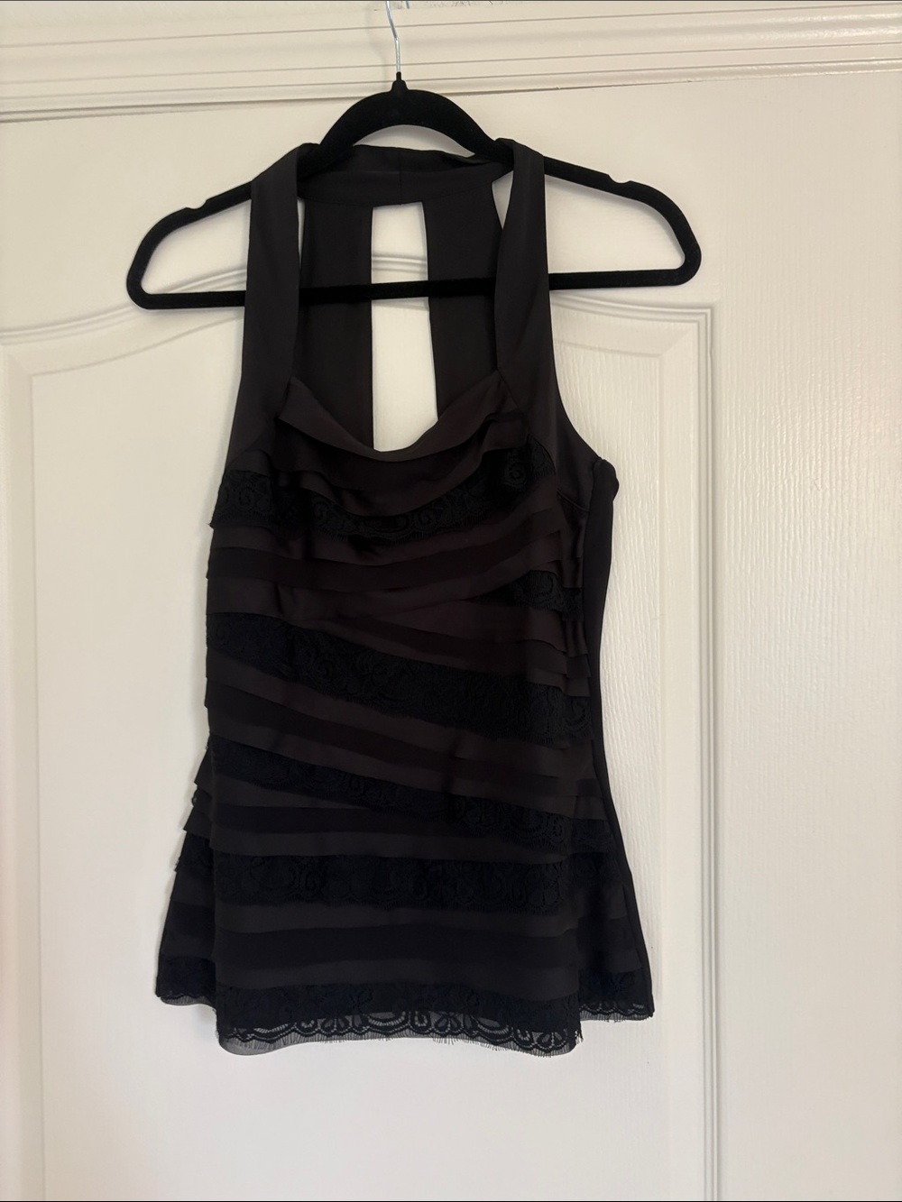 White House Black Market Black Ruffled Lace Halter